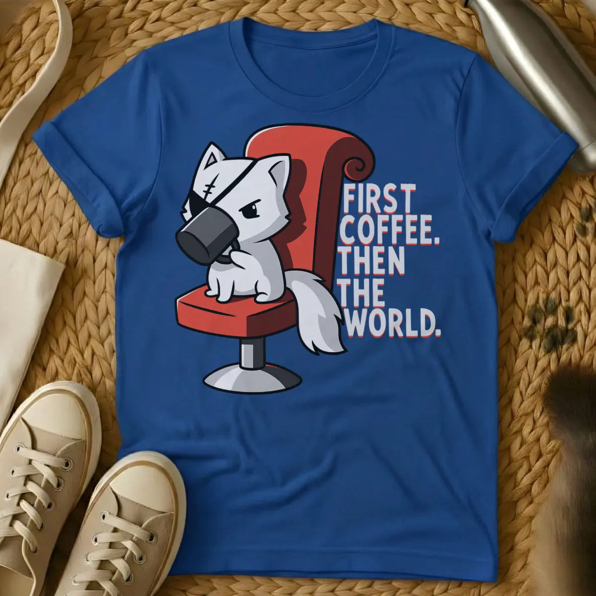 First Coffee Then The World Tee - Blue T-Shirt - caffeine fiend, cat overlord, feline coffee ritual