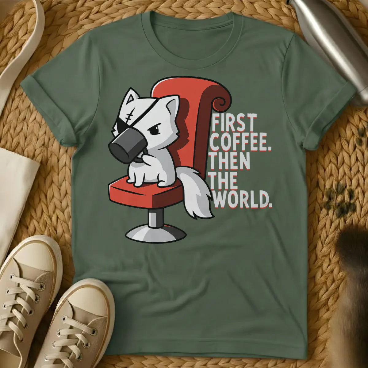 First Coffee Then The World Tee - Military Green T-Shirt - caffeine fiend, cat overlord, feline coffee ritual