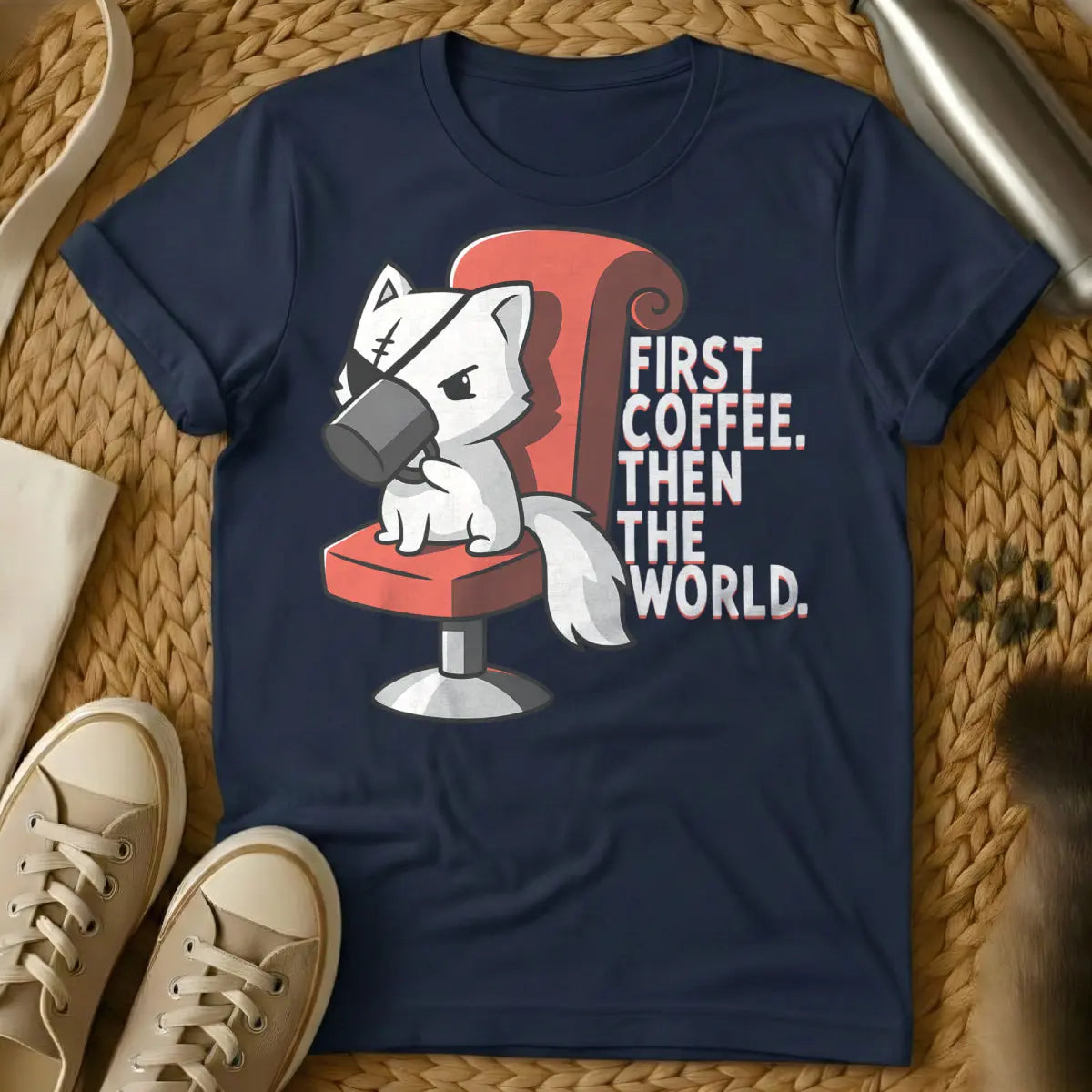First Coffee Then The World Tee - Navy T-Shirt - caffeine fiend, cat overlord, feline coffee ritual