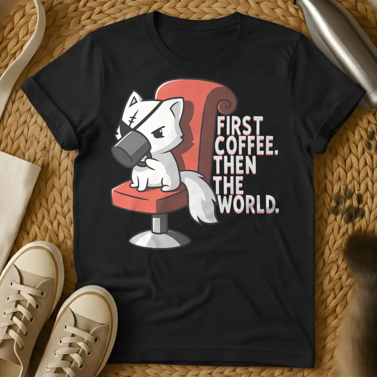 First Coffee Then The World Tee - Black T-Shirt - caffeine fiend, cat overlord, feline coffee ritual