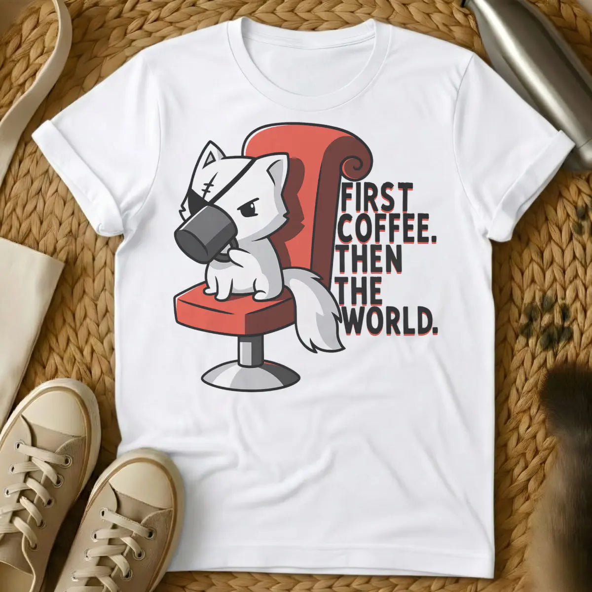 First Coffee Then The World Tee - White T-Shirt - caffeine fiend, cat overlord, feline coffee ritual