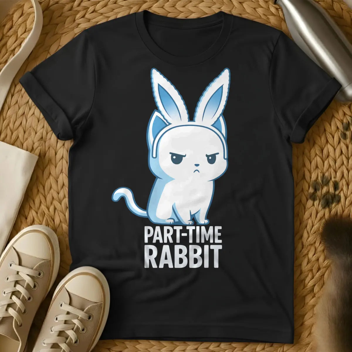 Bunny Cat Shirt - Black T-Shirt - cat revenge humor, disgruntled pet portrait, holiday pet trauma