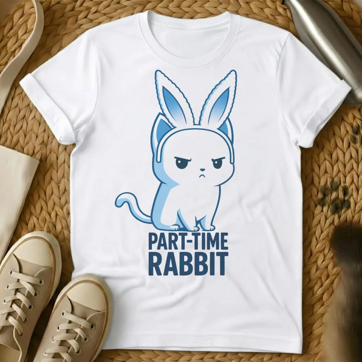 Bunny Cat Shirt - White T-Shirt - cat revenge humor, disgruntled pet portrait, holiday pet trauma