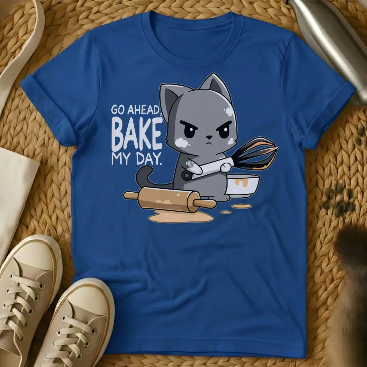 Bake Cat Shirt - Blue T-Shirt - baking day cat, feline kitchen supervisor, home baker cat