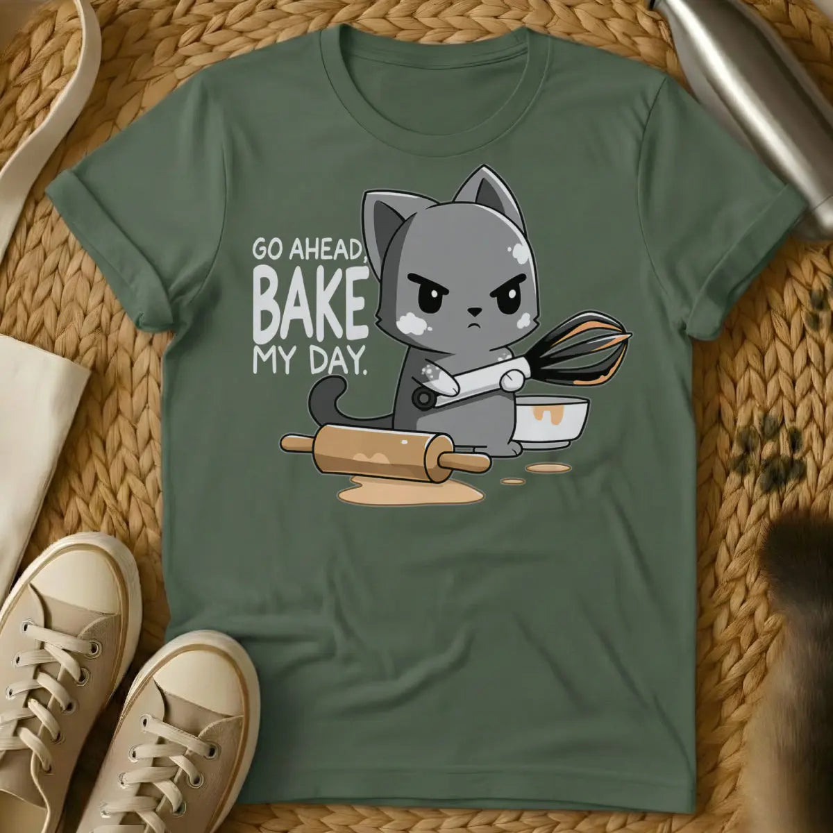 Bake Cat Shirt - Military Green T-Shirt - baking day cat, feline kitchen supervisor, home baker cat