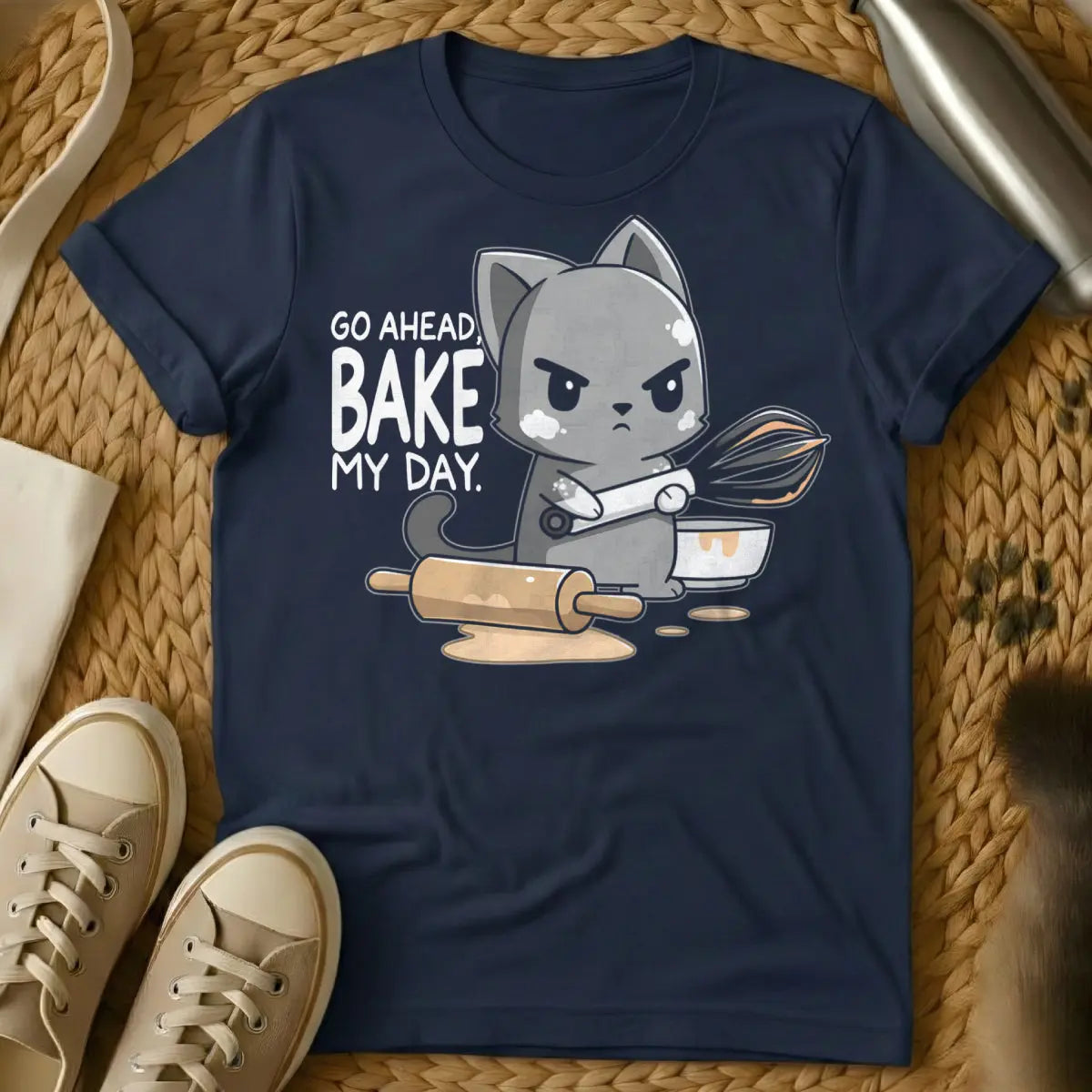 Bake Cat Shirt - Navy T-Shirt - baking day cat, feline kitchen supervisor, home baker cat