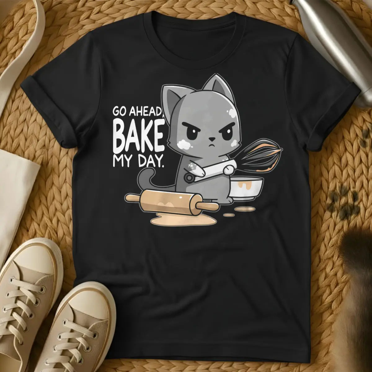 Bake Cat Shirt - Black T-Shirt - baking day cat, feline kitchen supervisor, home baker cat