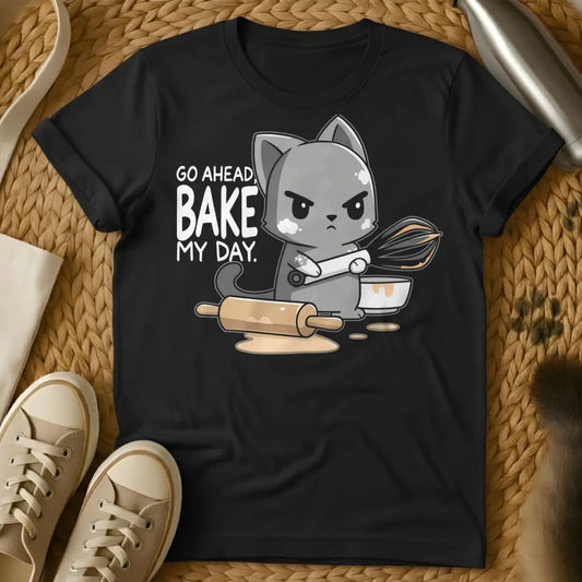 Bake Cat Shirt - Black T-Shirt - baking day cat, feline kitchen supervisor, home baker cat
