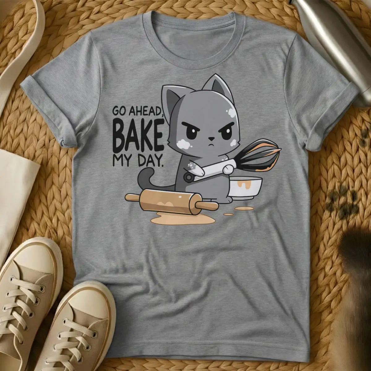 Bake Cat Shirt - Gray T-Shirt - baking day cat, feline kitchen supervisor, home baker cat