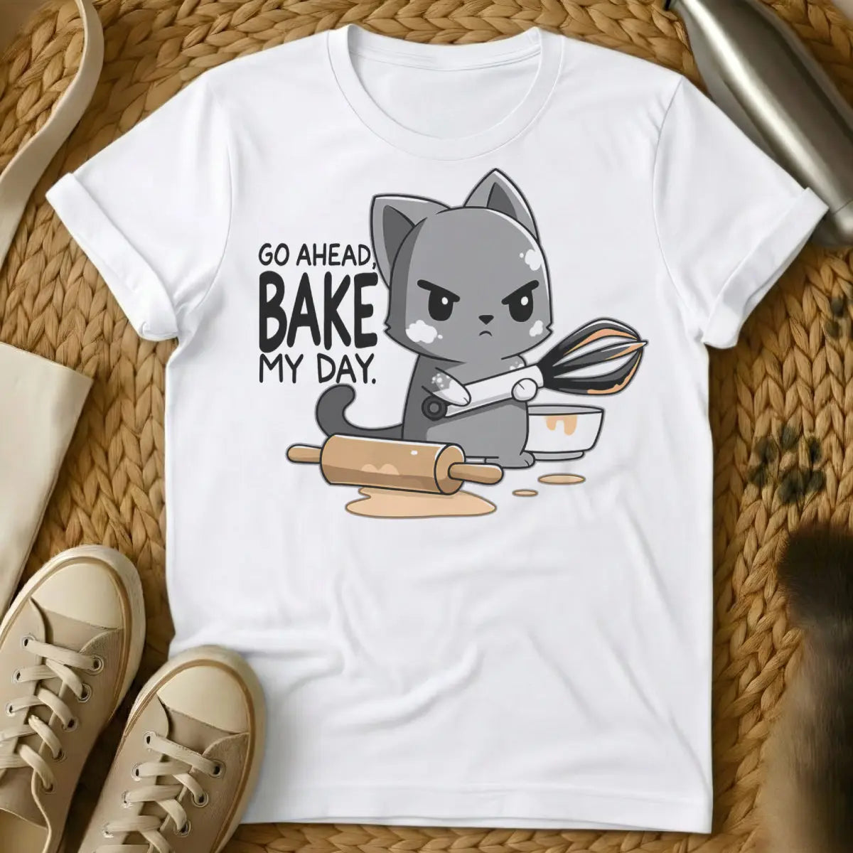 Bake Cat Shirt - White T-Shirt - baking day cat, feline kitchen supervisor, home baker cat
