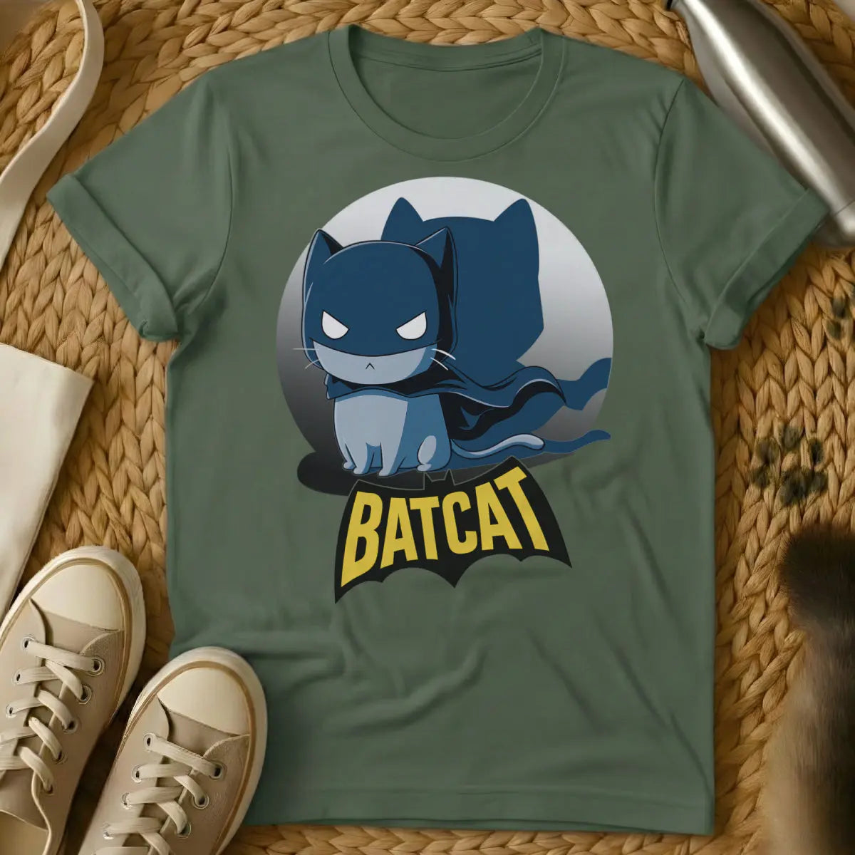 Batcat Shirt - Military Green T-Shirt - comic book animal, dark knight parody, feline vigilante