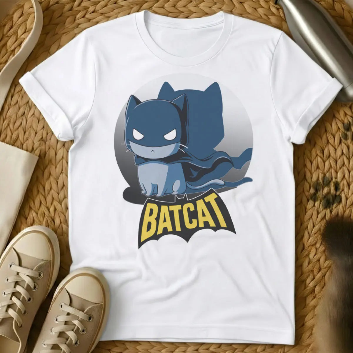 Batcat Shirt - White T-Shirt - comic book animal, dark knight parody, feline vigilante