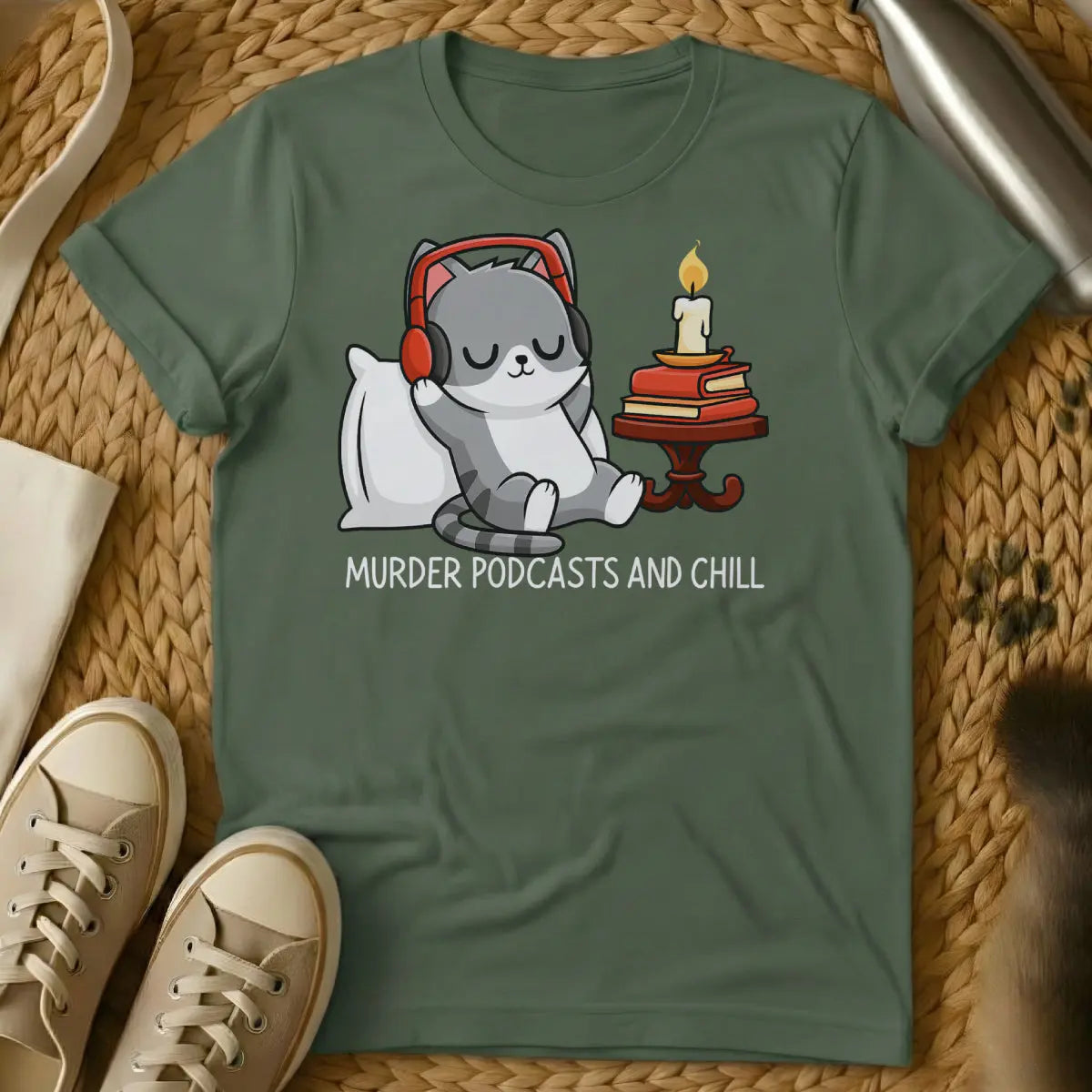 Podcast T Shirt - Military Green Cat T-Shirt