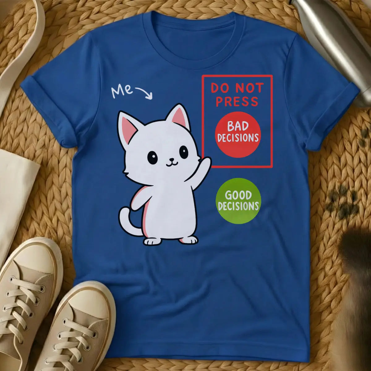 Bad Decisions Cat Shirt - Blue T-Shirt - chaotic good pet, existential cat humor, no regrets cat