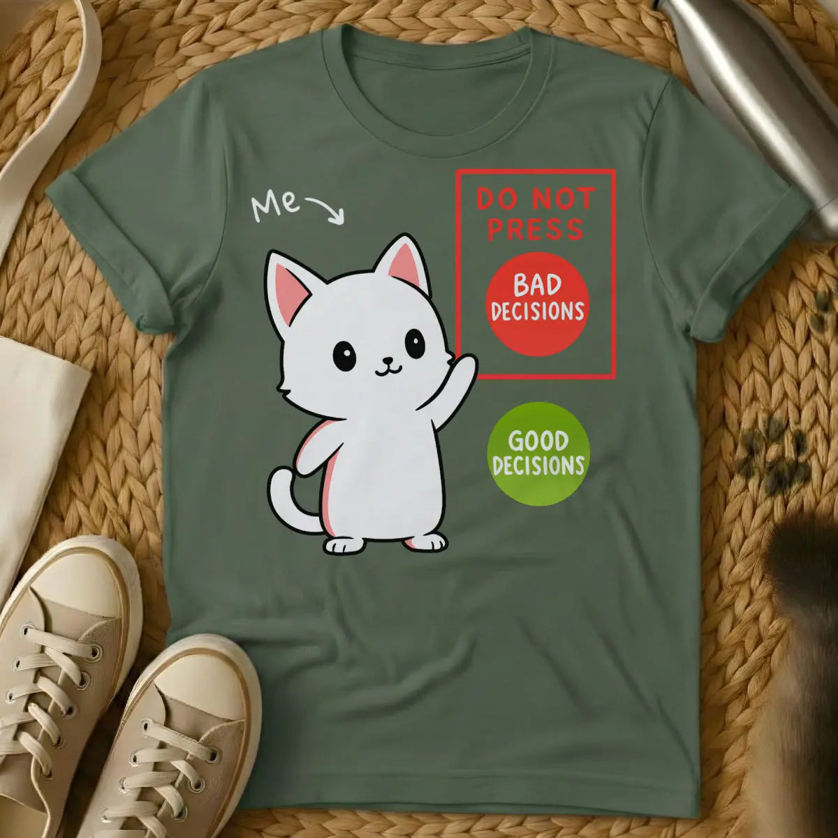 Bad Decisions Cat Shirt - Military Green T-Shirt - chaotic good pet, existential cat humor, no regrets cat