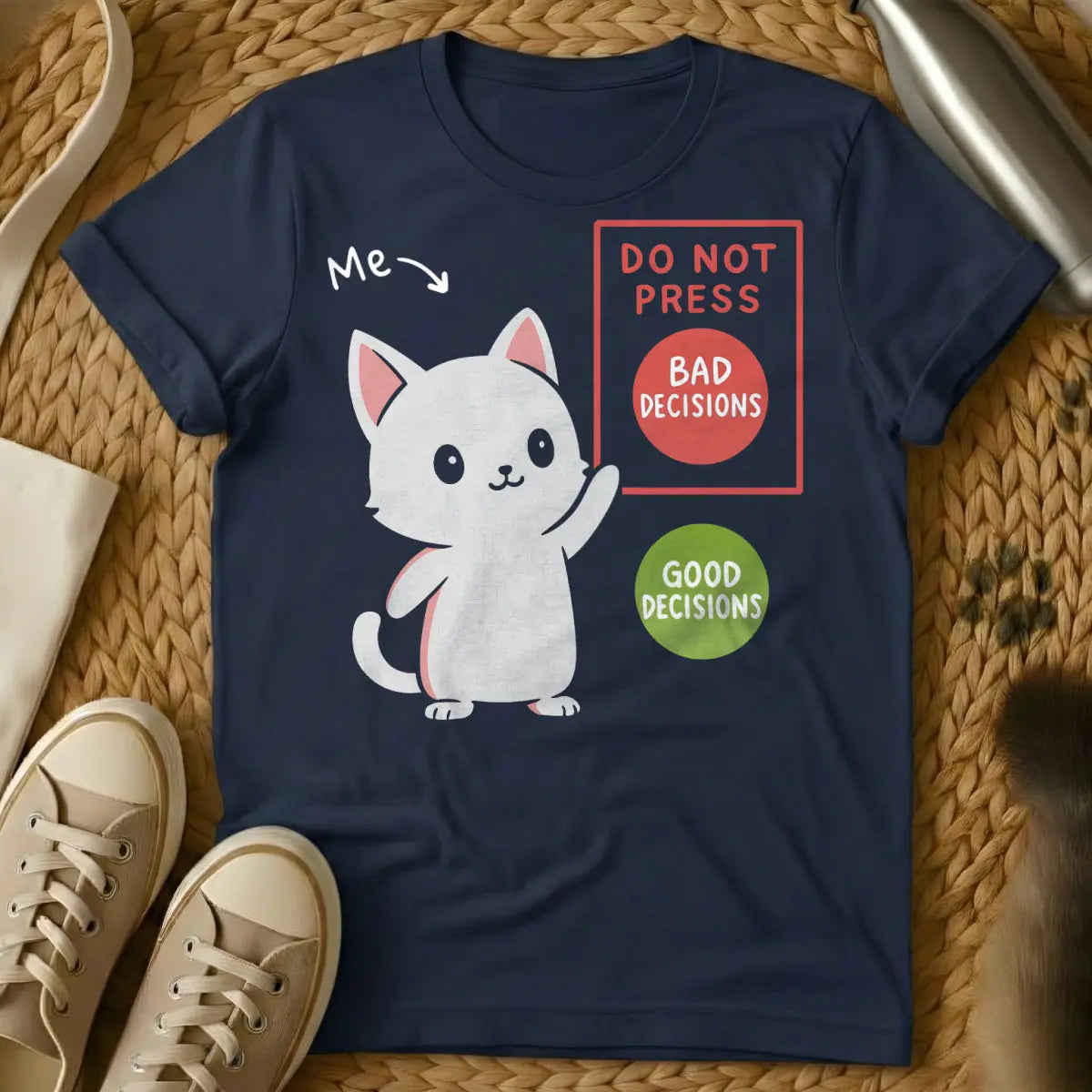 Bad Decisions Cat Shirt - Navy T-Shirt - chaotic good pet, existential cat humor, no regrets cat