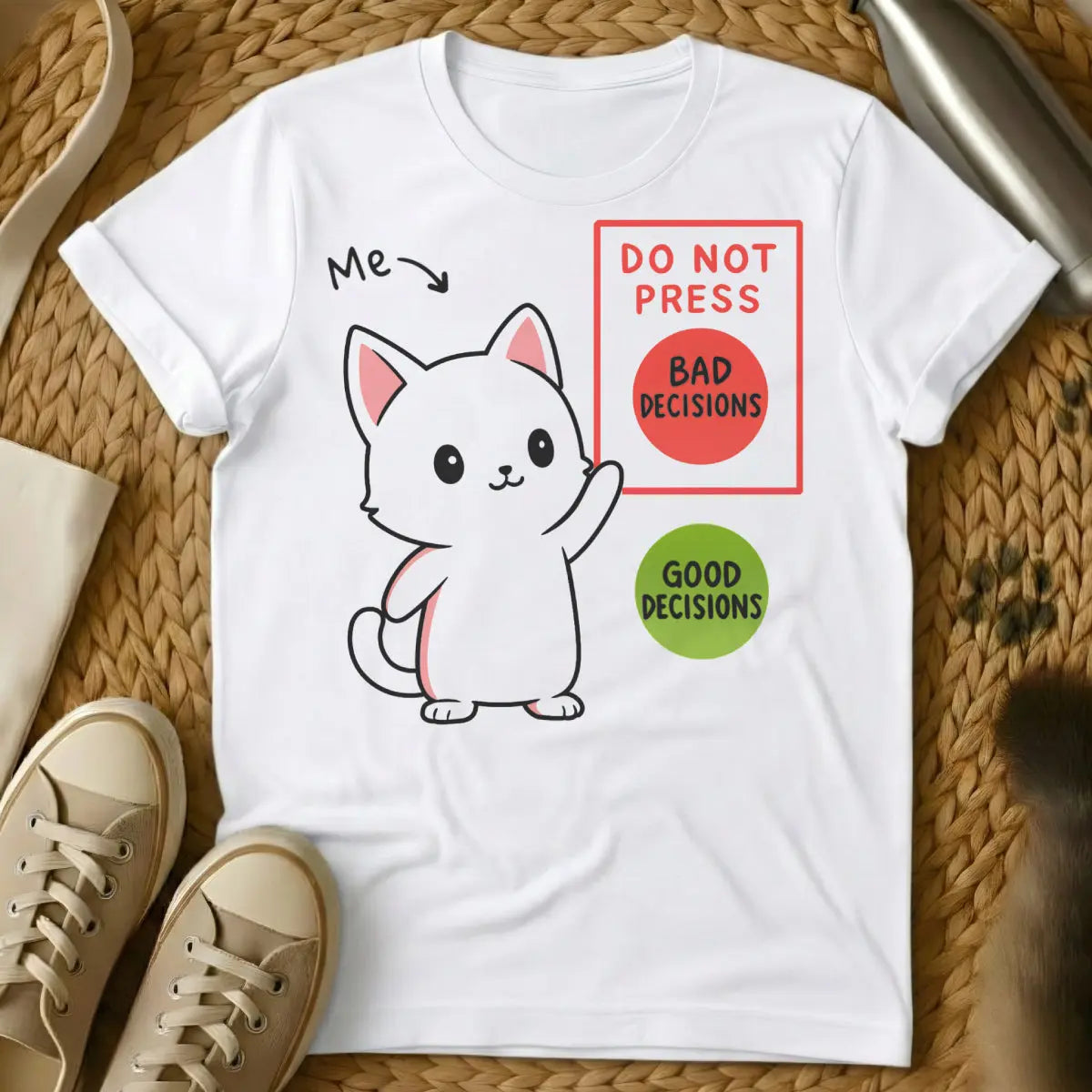 Bad Decisions Cat Shirt - White T-Shirt - chaotic good pet, existential cat humor, no regrets cat