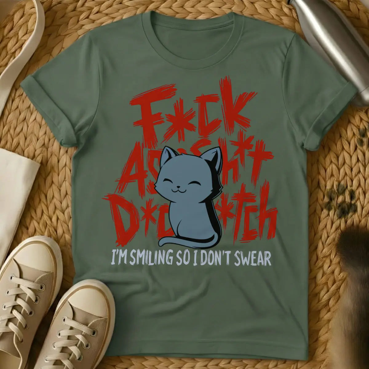 Smile T Shirt - Military Green Cat T-Shirt