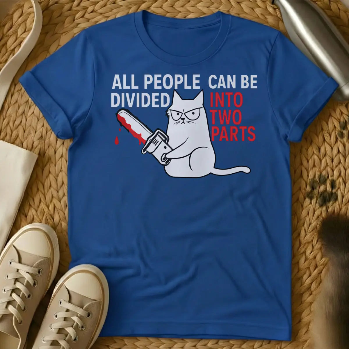 Chainsaw Cat Shirt - Blue T-Shirt - absurdist cat art, cult classic horror parody, dark humor graphic tee