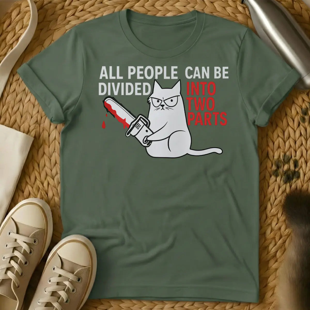 Chainsaw Cat Shirt - Military Green T-Shirt - absurdist cat art, cult classic horror parody, dark humor graphic tee