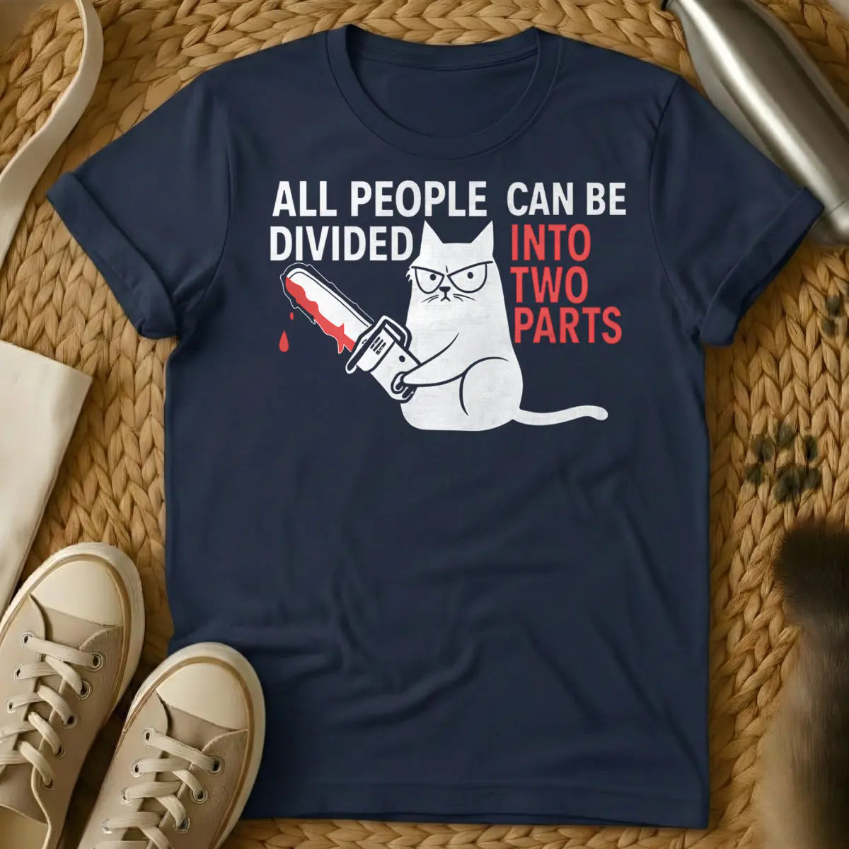 Chainsaw Cat Shirt - Navy T-Shirt - absurdist cat art, cult classic horror parody, dark humor graphic tee