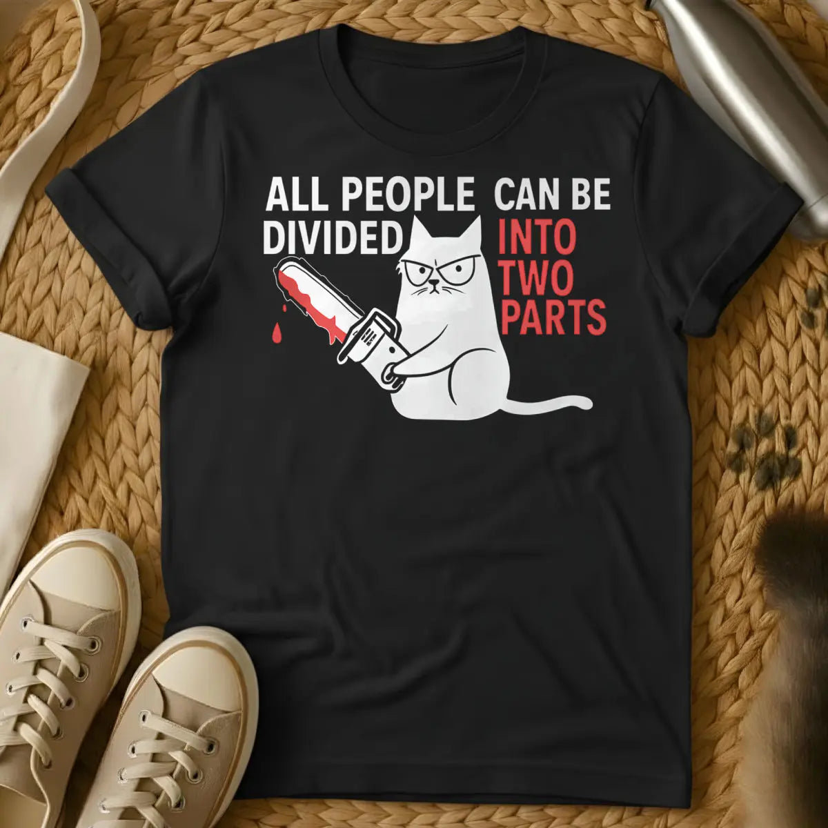 Chainsaw Cat Shirt - Black T-Shirt - absurdist cat art, cult classic horror parody, dark humor graphic tee