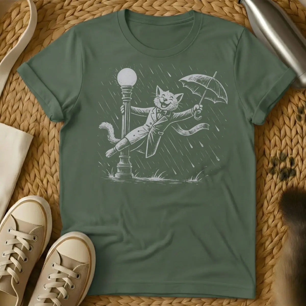 Singing in the Rain Cat Shirt - Military Green Cat T-Shirt