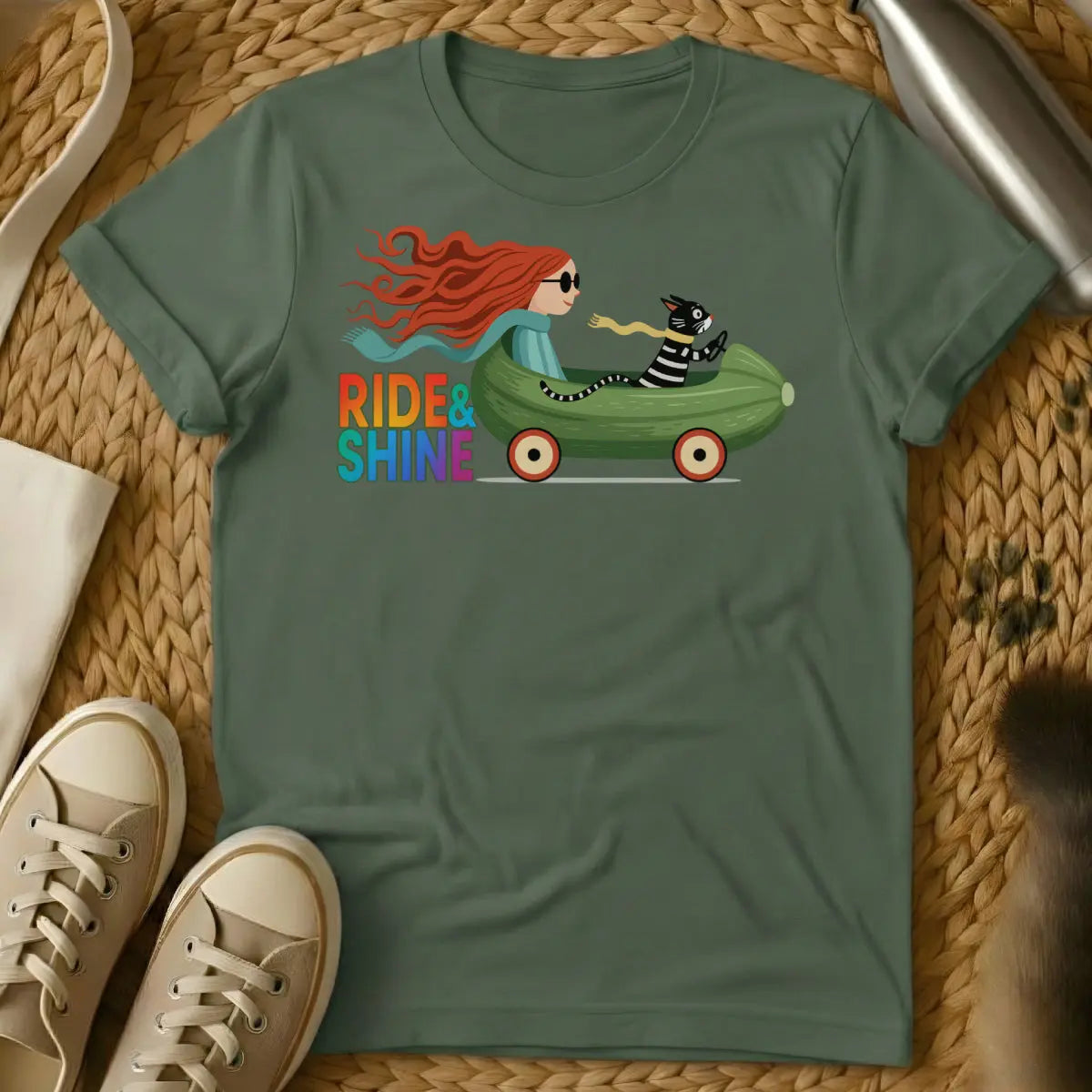 Ride and Shine Cat Shirt - Military Green Cat T-Shirt