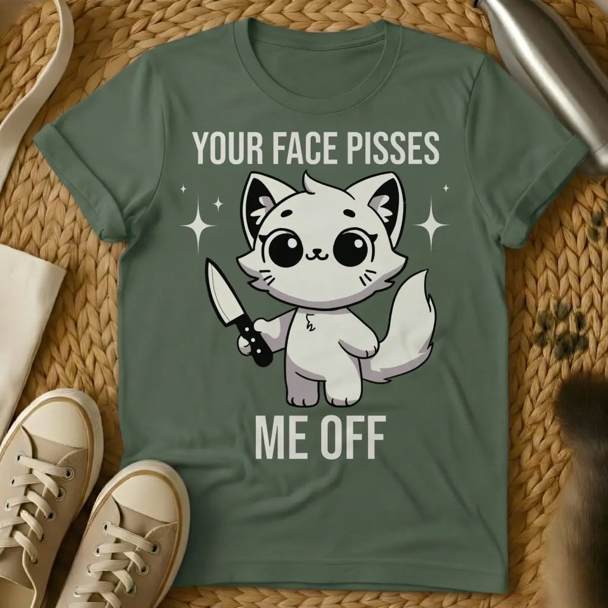 Your Face Pisses Me Off Shirt - Military Green Cat T-Shirt