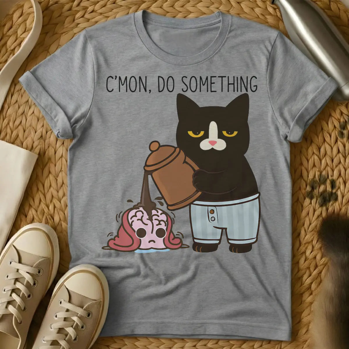 Brain Cat Shirt - Gray T-Shirt - cat owner brain map, cognitive cat art, feline obsession humor