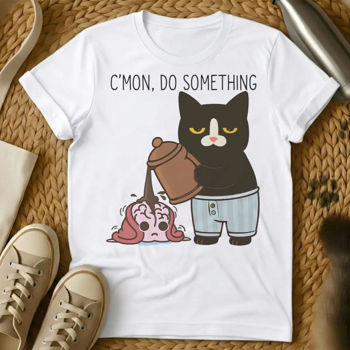Brain Cat Shirt - White T-Shirt - cat owner brain map, cognitive cat art, feline obsession humor
