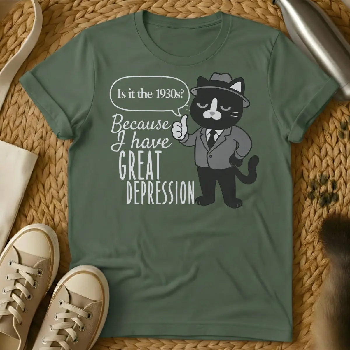 Depression Cat Tee - Military Green T-Shirt - emotional support pet, introvert companion, mental health ally