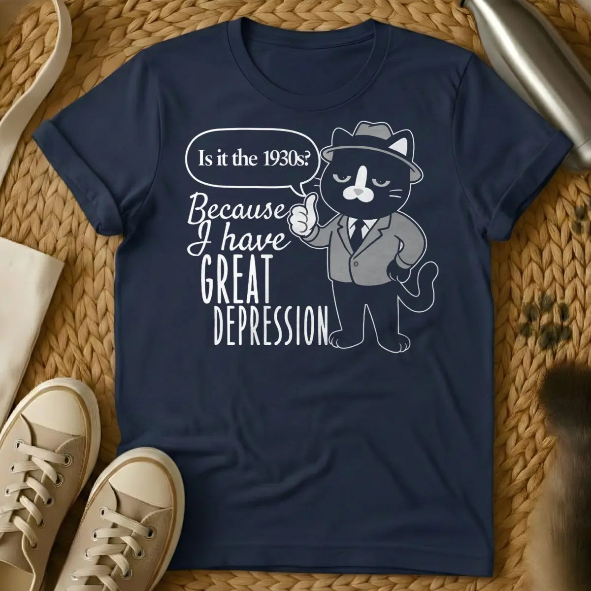 Depression Cat Tee - Navy T-Shirt - emotional support pet, introvert companion, mental health ally