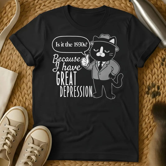 Depression Cat Tee - Black T-Shirt - emotional support pet, introvert companion, mental health ally