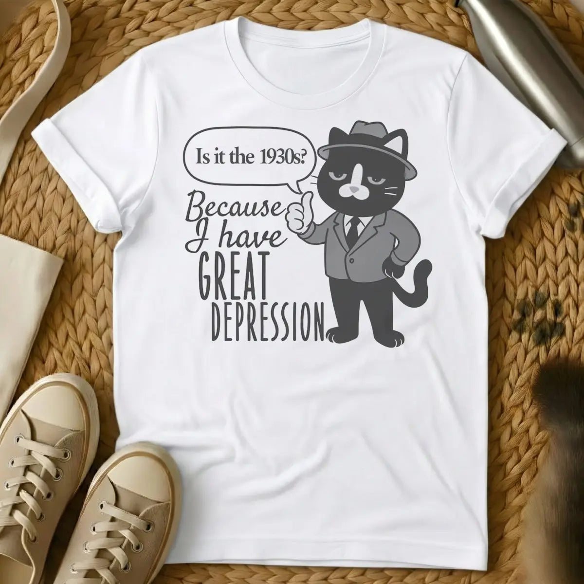 Depression Cat Tee - White T-Shirt - emotional support pet, introvert companion, mental health ally
