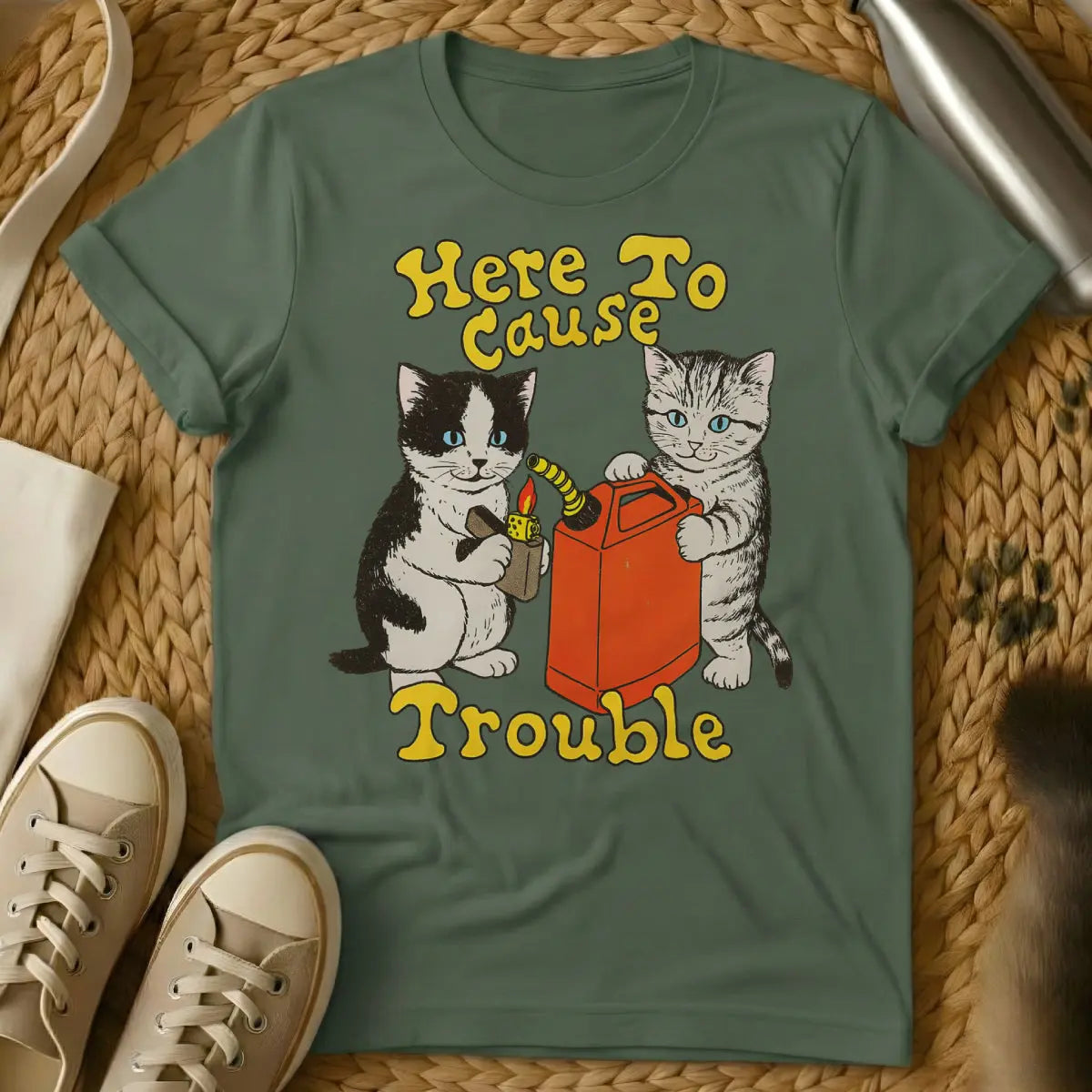 Trouble Maker Cat Shirt - Military Green Cat T-Shirt