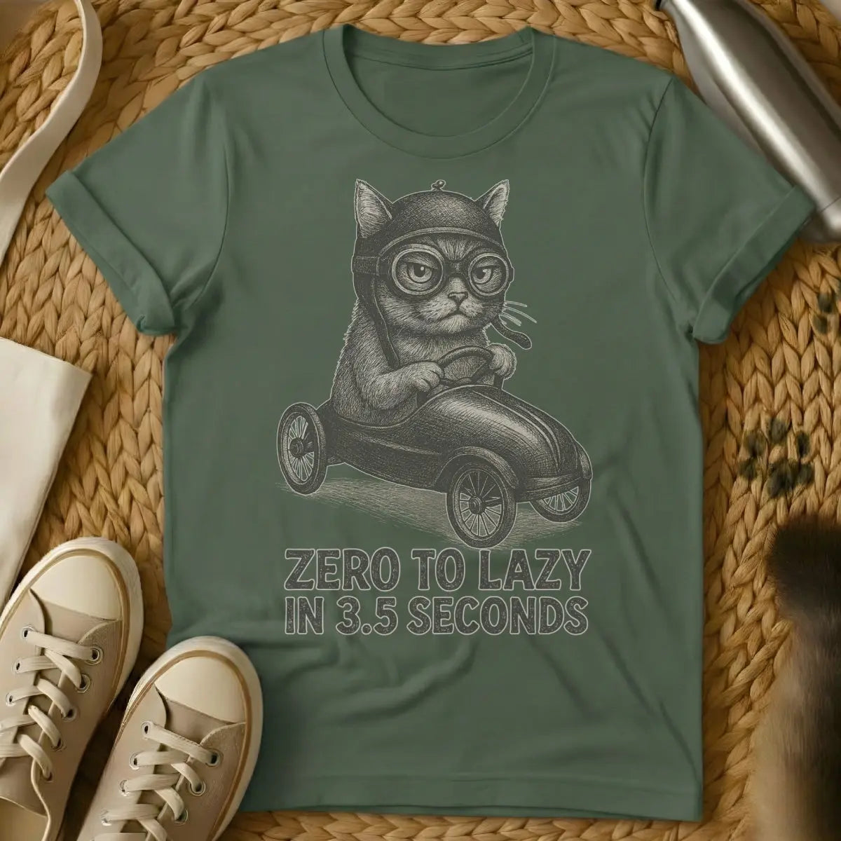 Lazy Cat T-Shirt - Military Green Cat T-Shirt