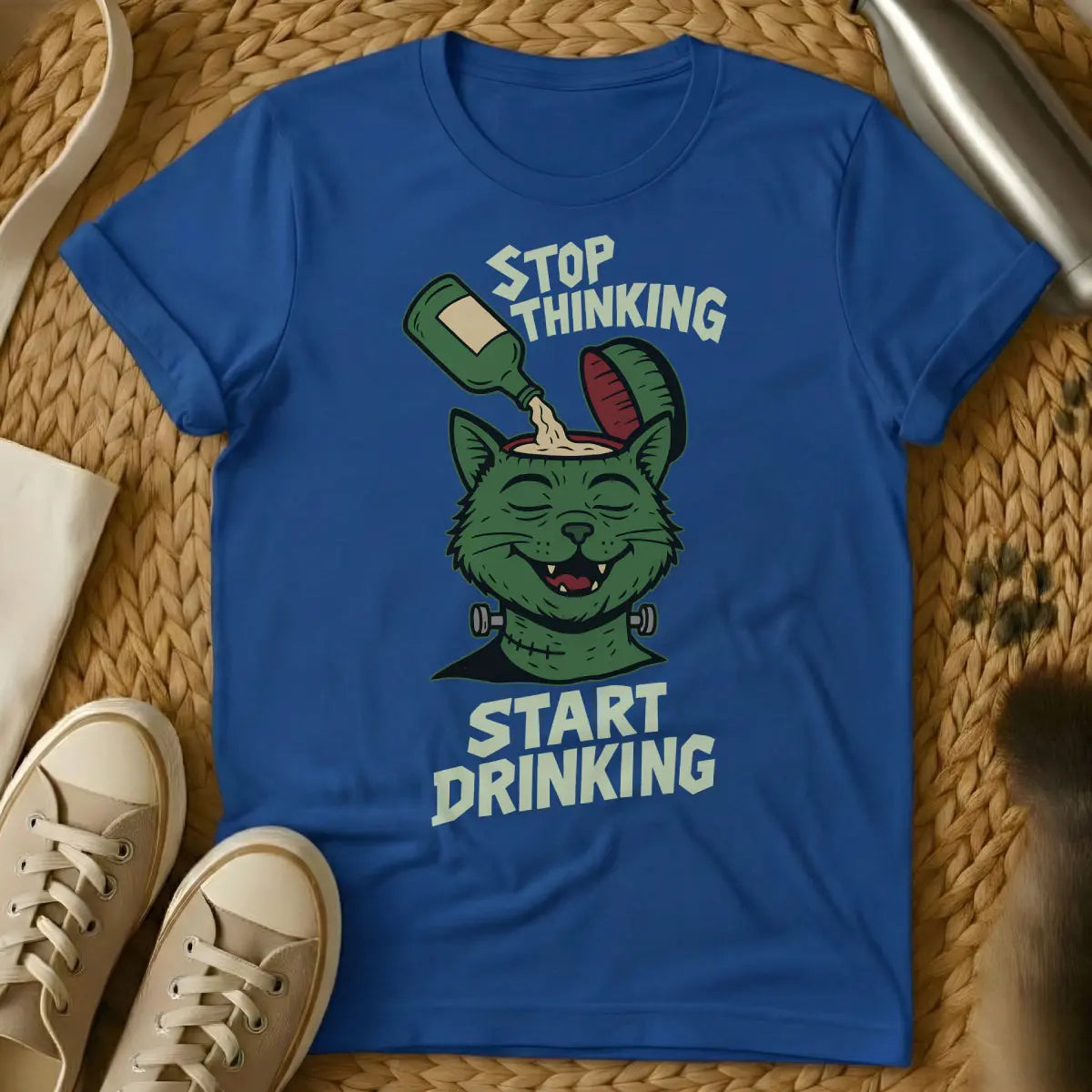 Funny Drinking Cat T-Shirt - Blue T-Shirt - bar cat scene, happy hour cat, ironic pet observer