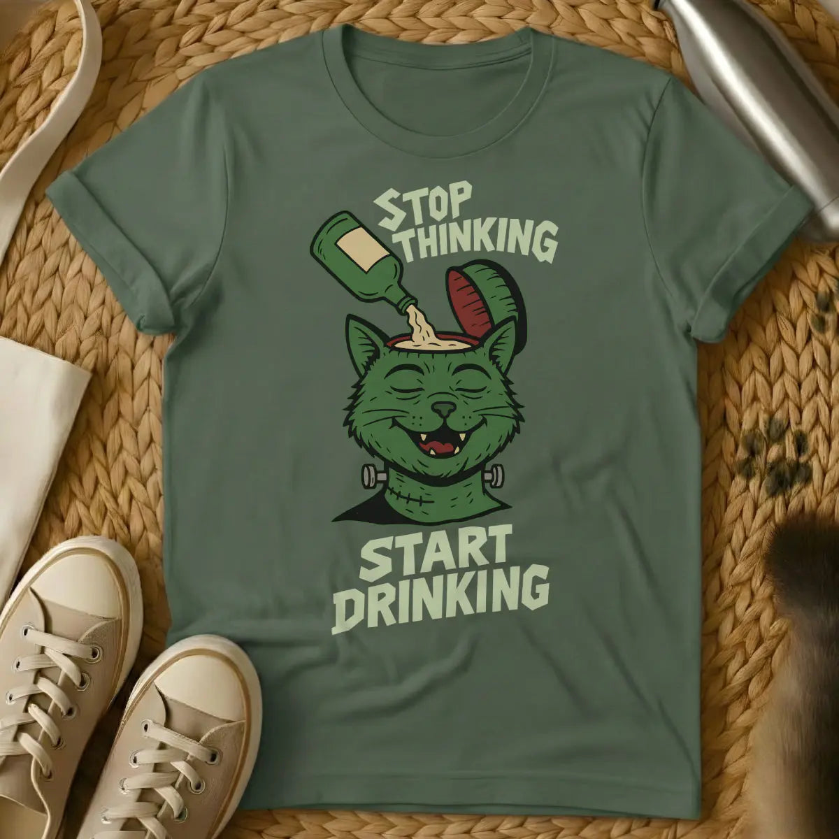 Funny Drinking Cat T-Shirt - Military Green T-Shirt - bar cat scene, happy hour cat, ironic pet observer