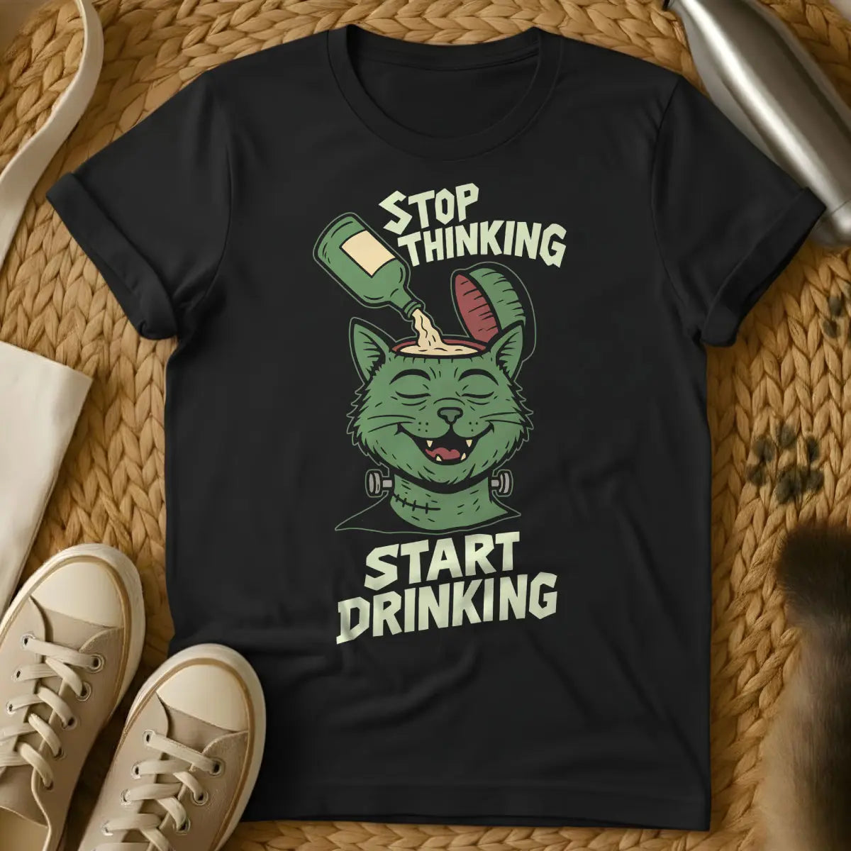Funny Drinking Cat T-Shirt - Black T-Shirt - bar cat scene, happy hour cat, ironic pet observer