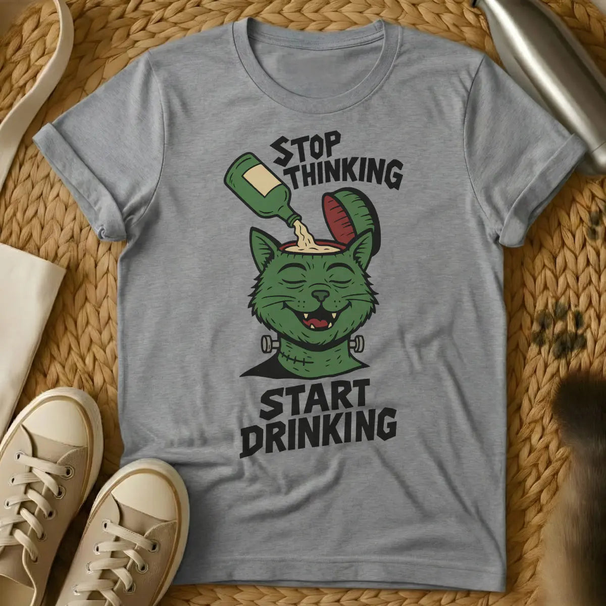 Funny Drinking Cat T-Shirt - Gray T-Shirt - bar cat scene, happy hour cat, ironic pet observer
