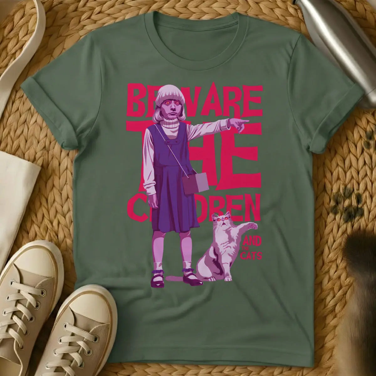 Village of the Damned Cat Tee - Military Green Cat T-Shirt