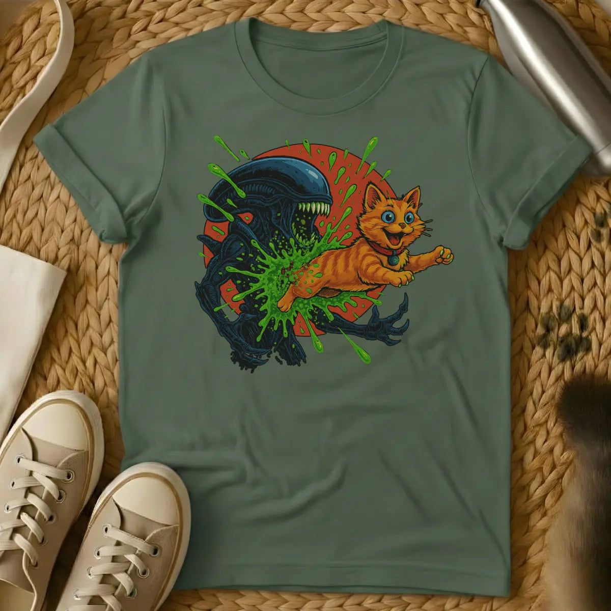 Alien Chestburster Cat Shirt - Military Green T-Shirt - chestburster parody, cult film mashup, dark cat humor