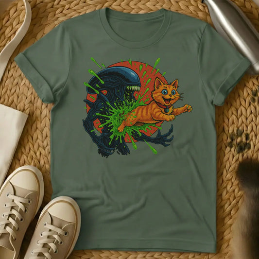Alien Chestburster Cat Shirt - Military Green T-Shirt - chestburster parody, cult film mashup, dark cat humor