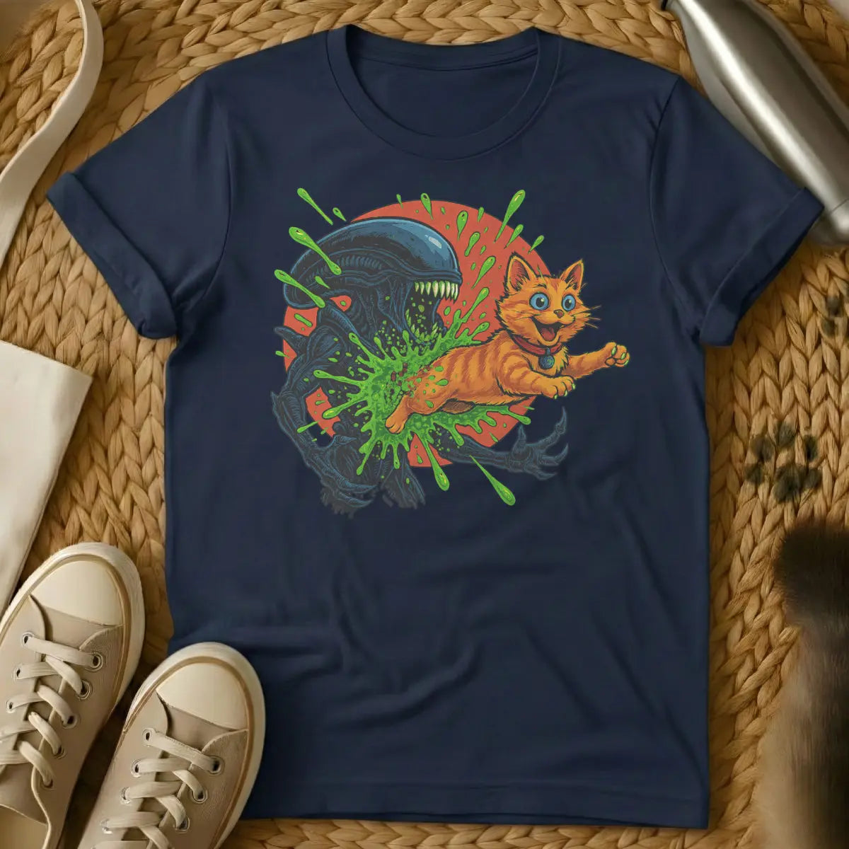 Alien Chestburster Cat Shirt - Navy T-Shirt - chestburster parody, cult film mashup, dark cat humor