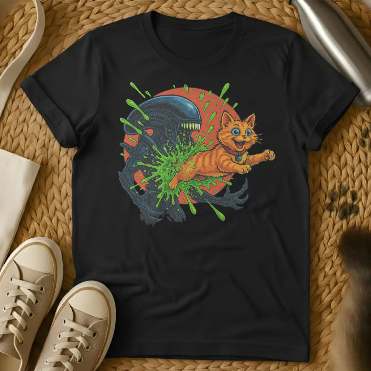 Alien Chestburster Cat Shirt - Black T-Shirt - chestburster parody, cult film mashup, dark cat humor