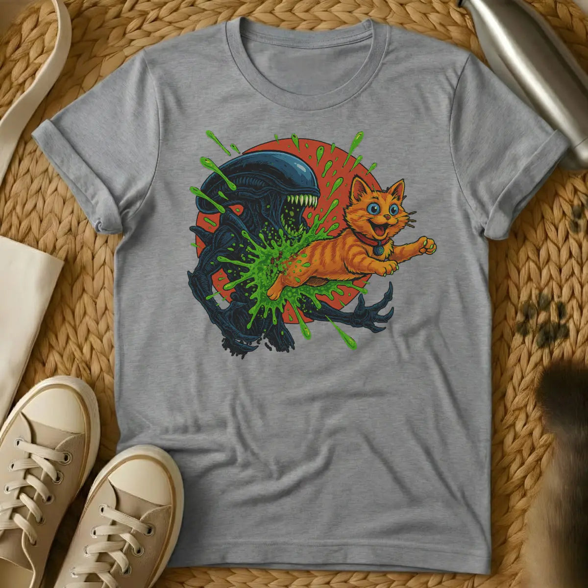 Alien Chestburster Cat Shirt - Gray T-Shirt - chestburster parody, cult film mashup, dark cat humor