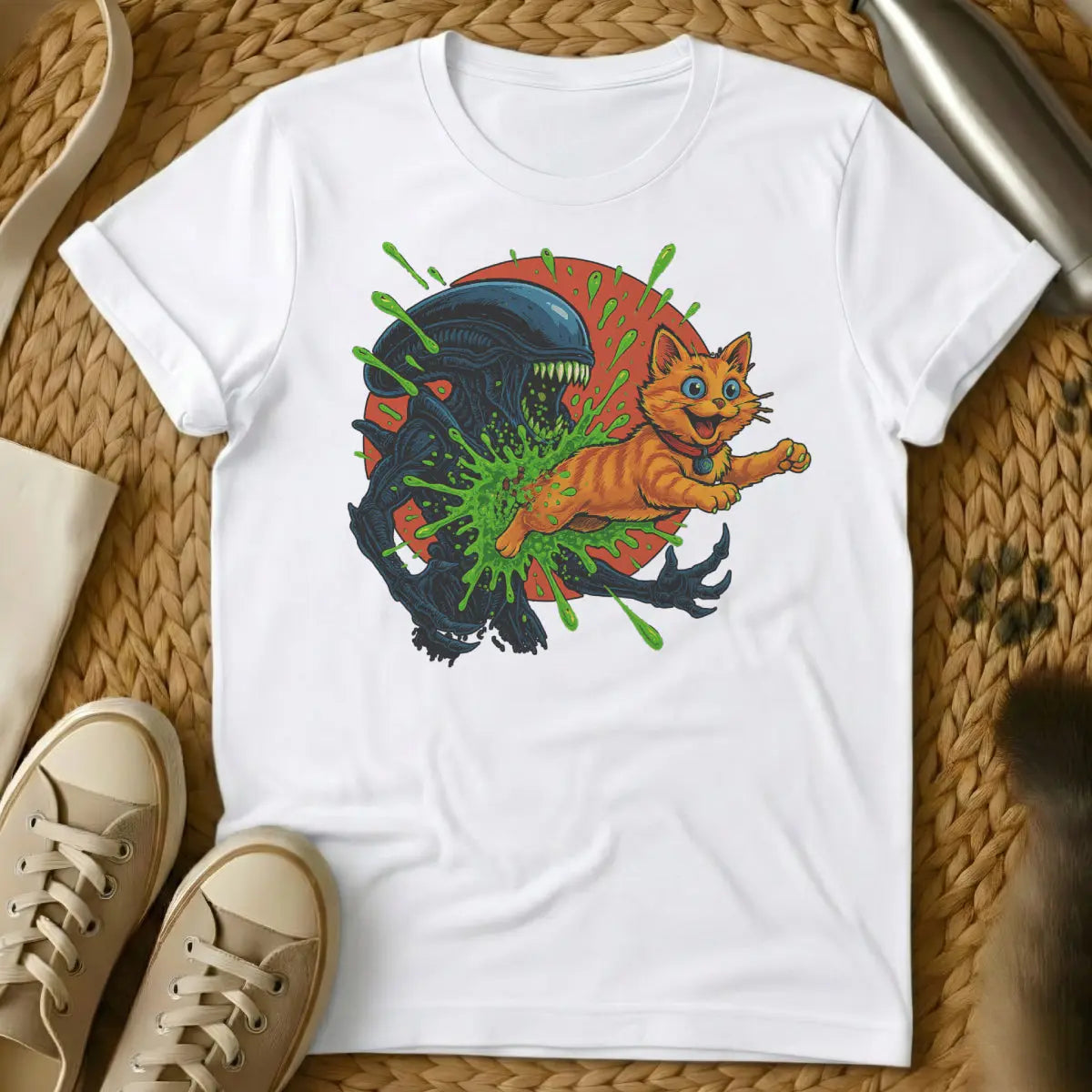 Alien Chestburster Cat Shirt - White T-Shirt - chestburster parody, cult film mashup, dark cat humor