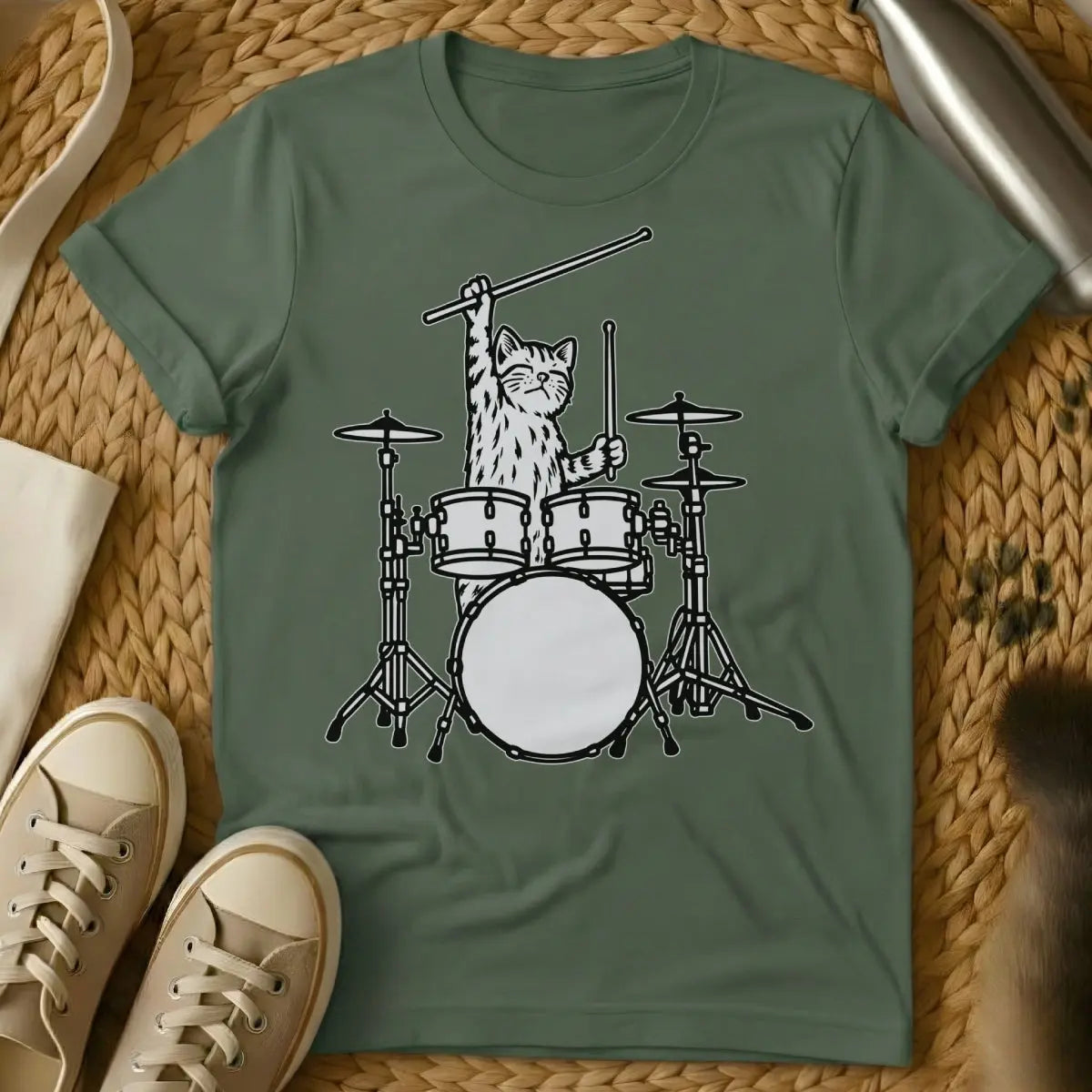 Drummer Cat Shirt - Military Green T-Shirt - animal rhythm art, cat parent inside joke, feline percussionist