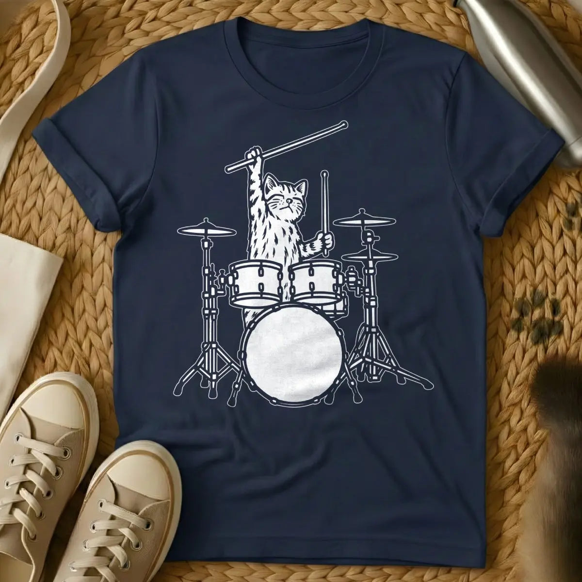 Drummer Cat Shirt - Navy T-Shirt - animal rhythm art, cat parent inside joke, feline percussionist